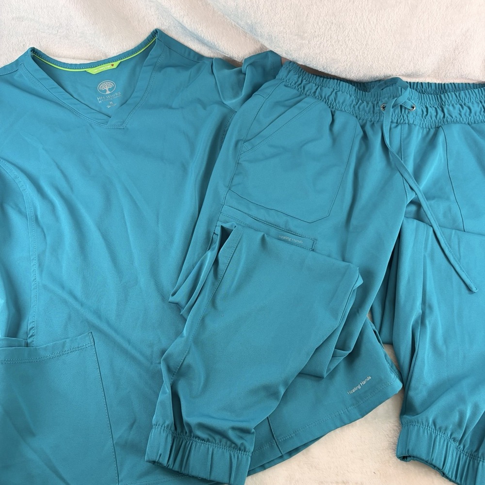 HH Works by Healing Hands Teal Medical Scrub Set V-Neck Top & Jogger Pants Med